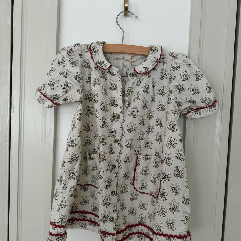 Girls Cream Floral Button-Front Dress with Red Trim